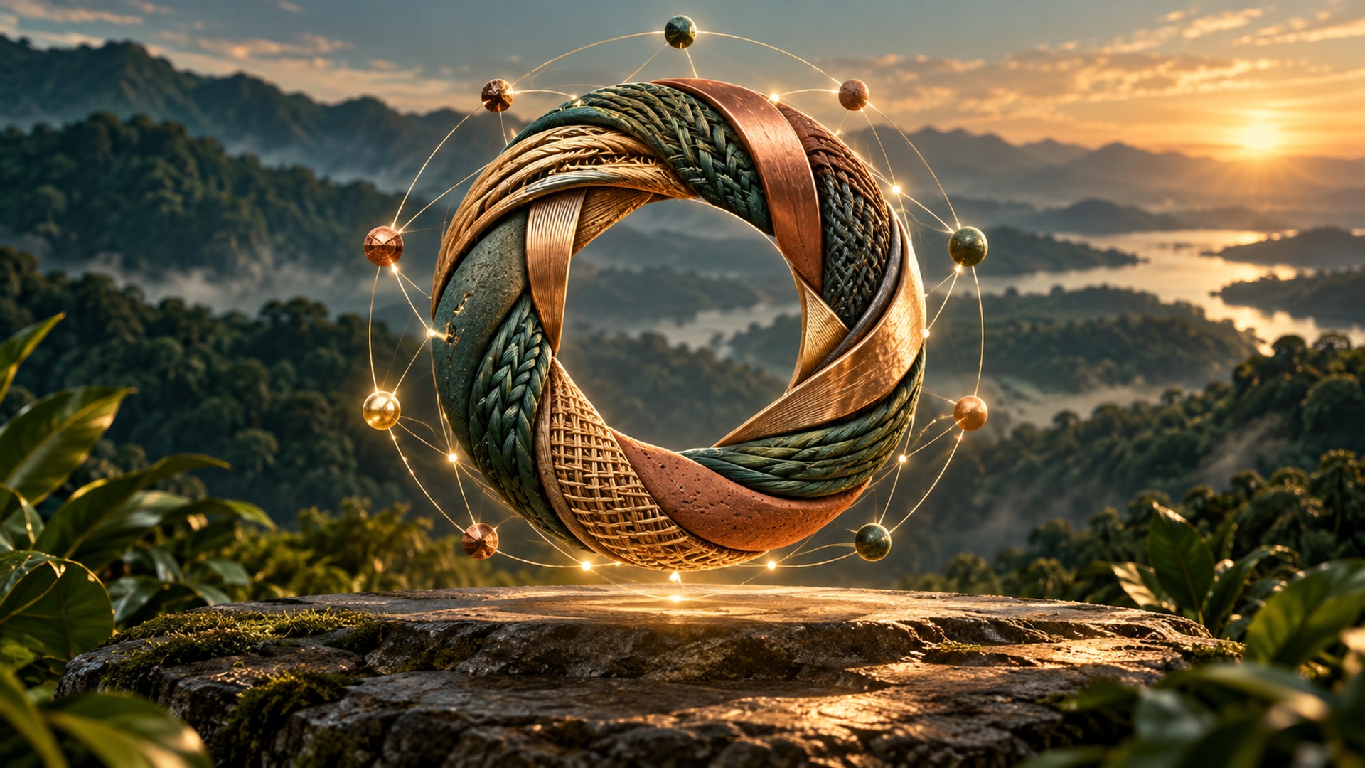 Emblema circular de tramas entrelazadas que representa identidad, confianza y colaboración territorial.